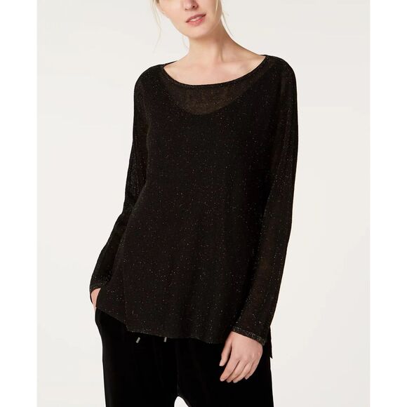 Eileen Fisher Women's Organic Linen Blend Crepe Sparkle Pullover in Black & Gold - Picture 2 of 10